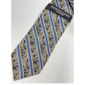 NEW Pronto Uomo Couture Silk Tie Blue Gold Paisley Striped Necktie